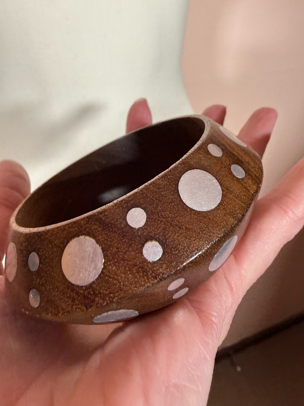 Vintage art deco polka dot modernist oversized wood knife edge Bangle Bracelet